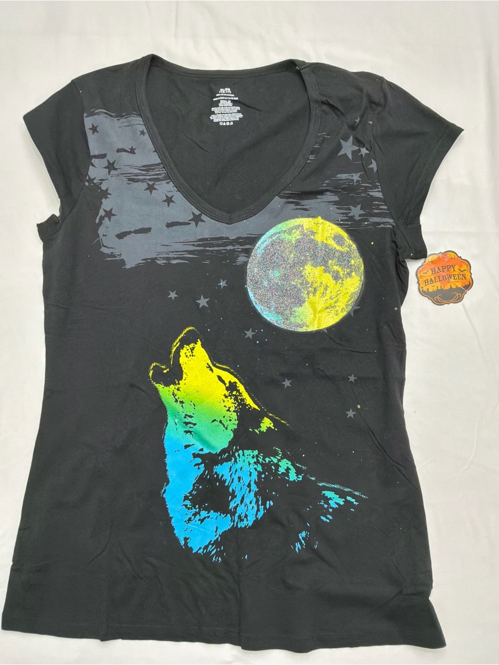 Women's Black Neon Wolf V-Neck Tee